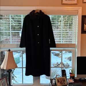 Jofeld Vintage Black 80% Wool Maxi Coat with Animal Print Fur Collar.